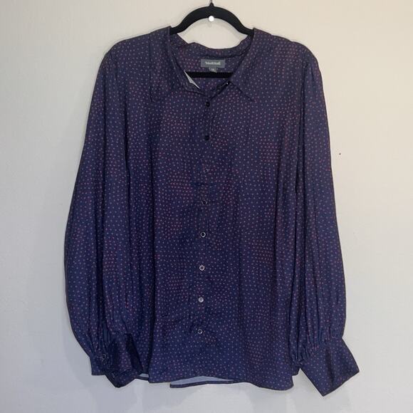 ModCloth Blouse Plus Size 3X Navy Blue Red Hearts AOP Long Sleeve Silky Button - Picture 1 of 16